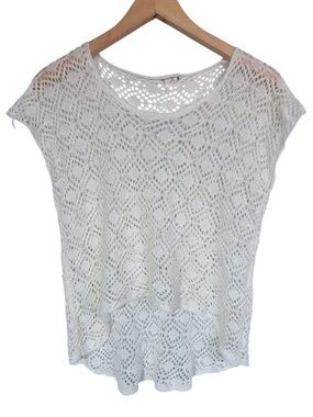 YDE White Crochet Knit Short Sleeve Top Women's Layering Blouse Sz Small